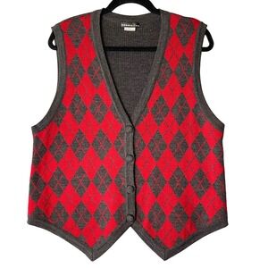 Theo Miles Womens 1X Argyle Sweater Vest Grey Red V-Neck Button Front Vintage